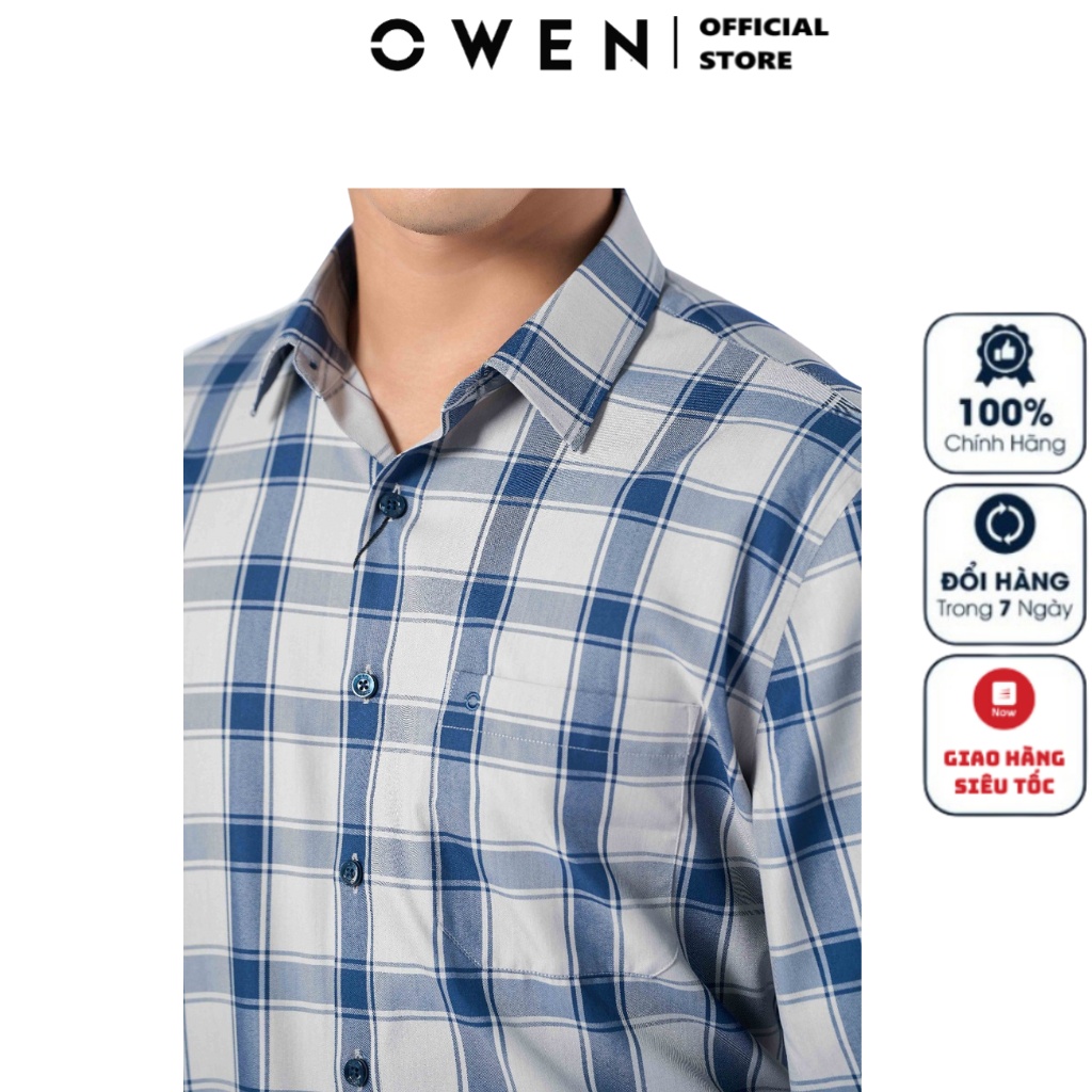 Áo sơ mi dài tay nam OWEN AR220927DT somi công sở Vải café cao cấp màu kẻ caro lớn xanh đậm ghi dáng regular fit có túi