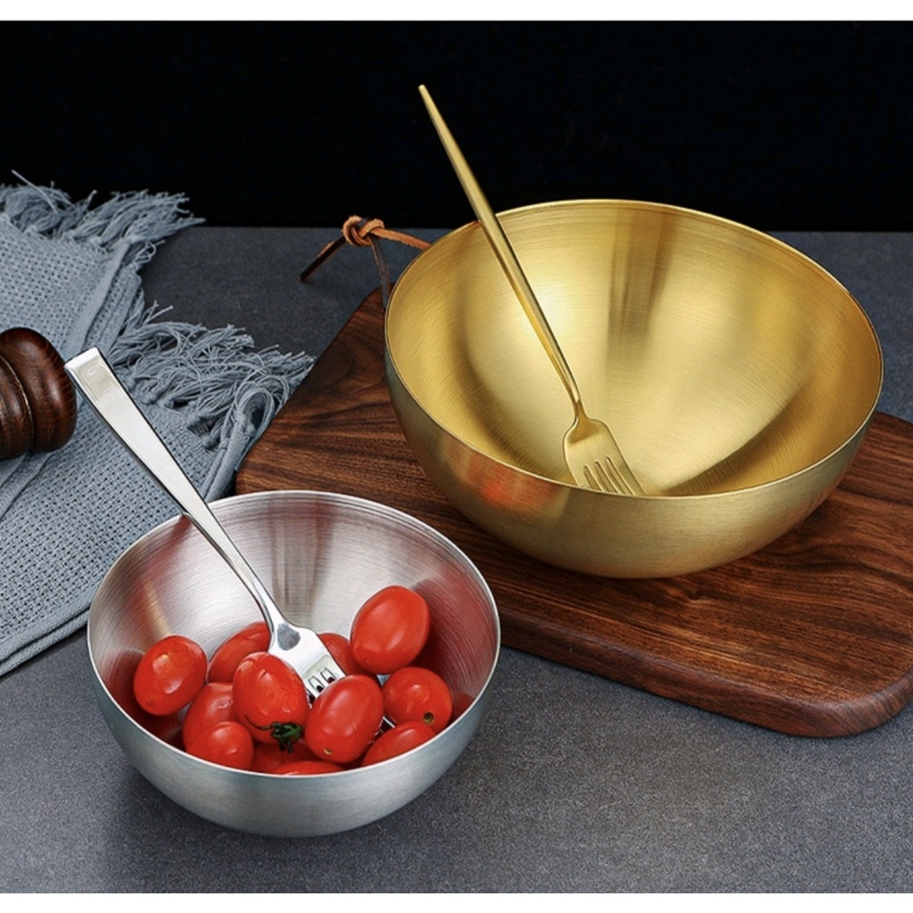 Bát Inox Đựng Salad Tô Mỳ Lạnh Hàn Quốc Chén Inox Ăn Cơm Trộn Bột Mạ Màu Vàng Sang Trọng