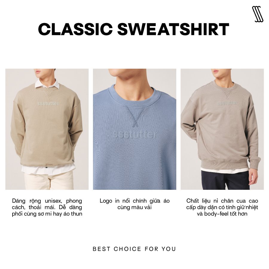 Áo nỉ nam SSSTUTTER in dập nổi thêu cổ dáng rộng CLASSIC SWEATSHIRT