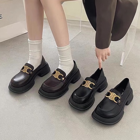 Giày Da Đế Dày 5.5cm Màu Đen / Nâu Phong Cách Preppy Thời Trang Mới 2022 Cho Nữ