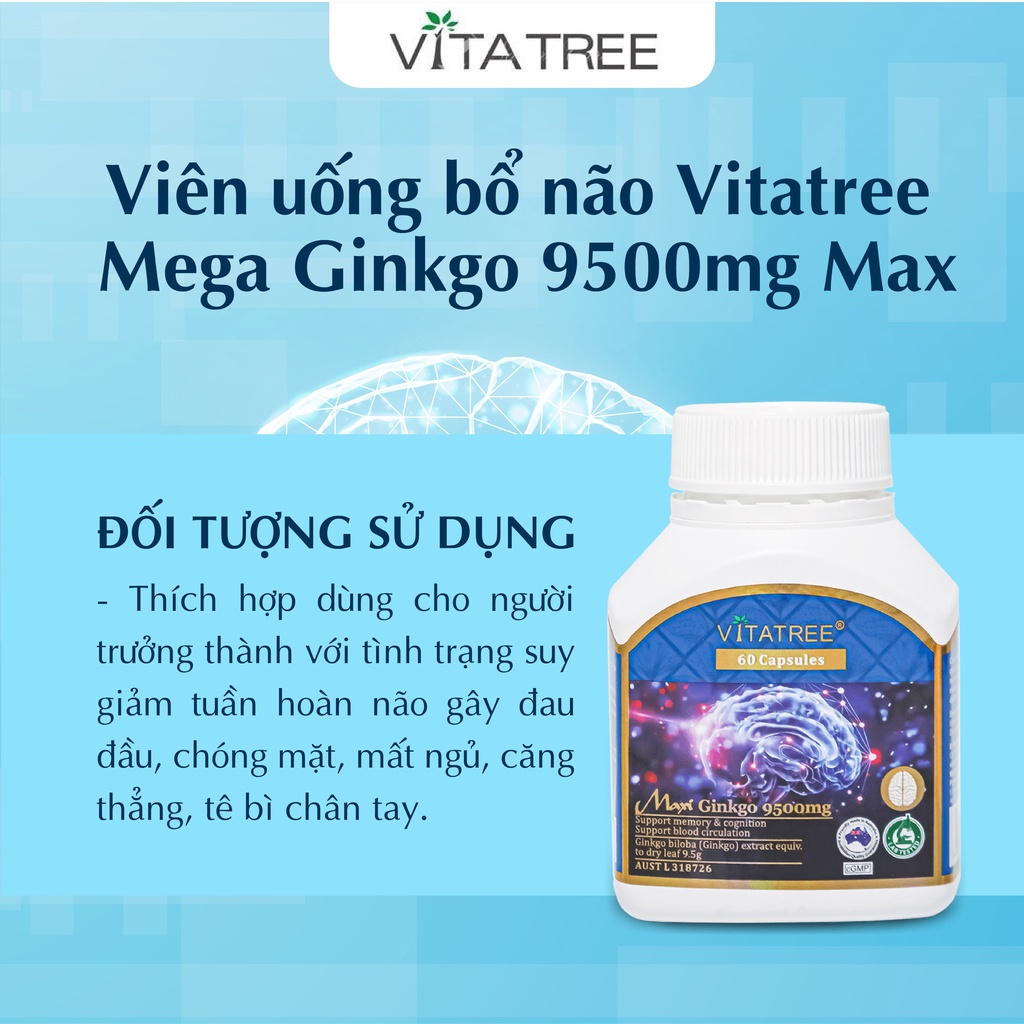 Viên uống bổ não Vitatree Mega Ginkgo 9500mg Max giúp tuần hoàn máu não, tăng cường trí nhớ 60 viên