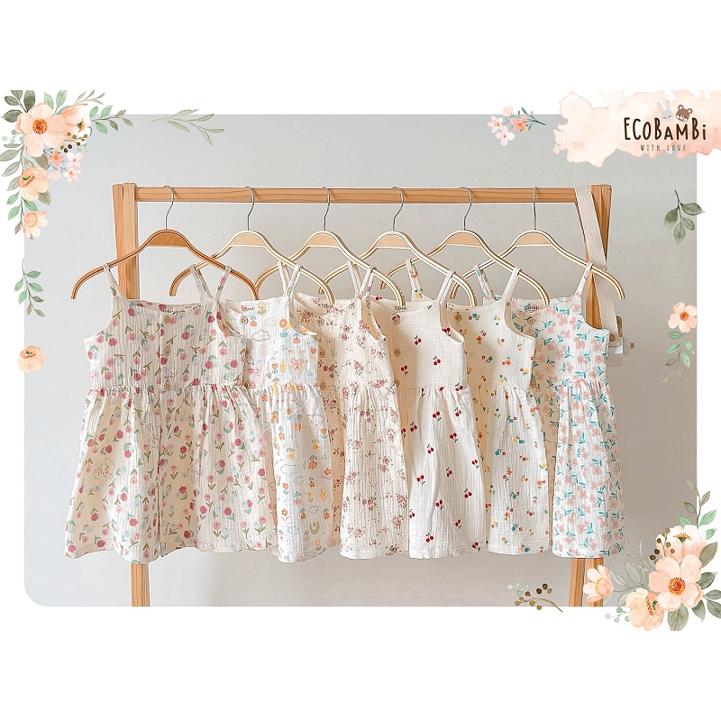 Đầm xoè 2 dây cotton muslin in hoạ tiết dễ thương cho bé gái Ecobambi