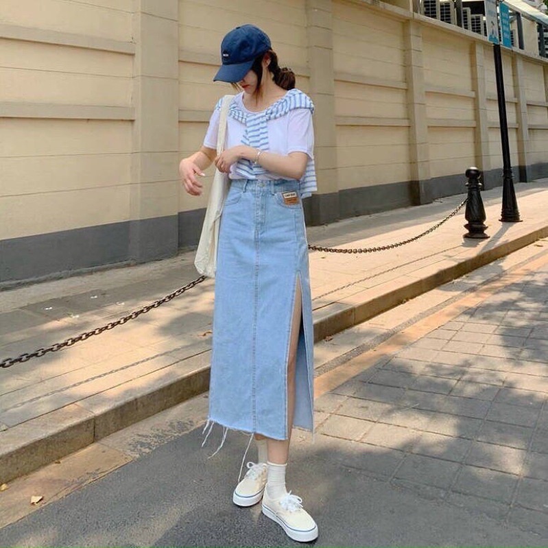 Chân váy jean dài xẻ tà