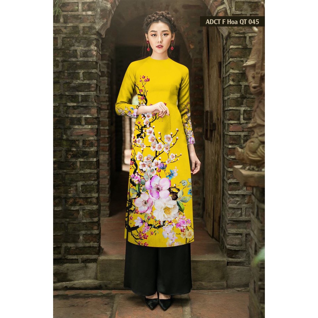 Áo dài cách tân nữ đẹp thiết kế may sẵn  in hoa đào có co giãn, mềm mại in 3D