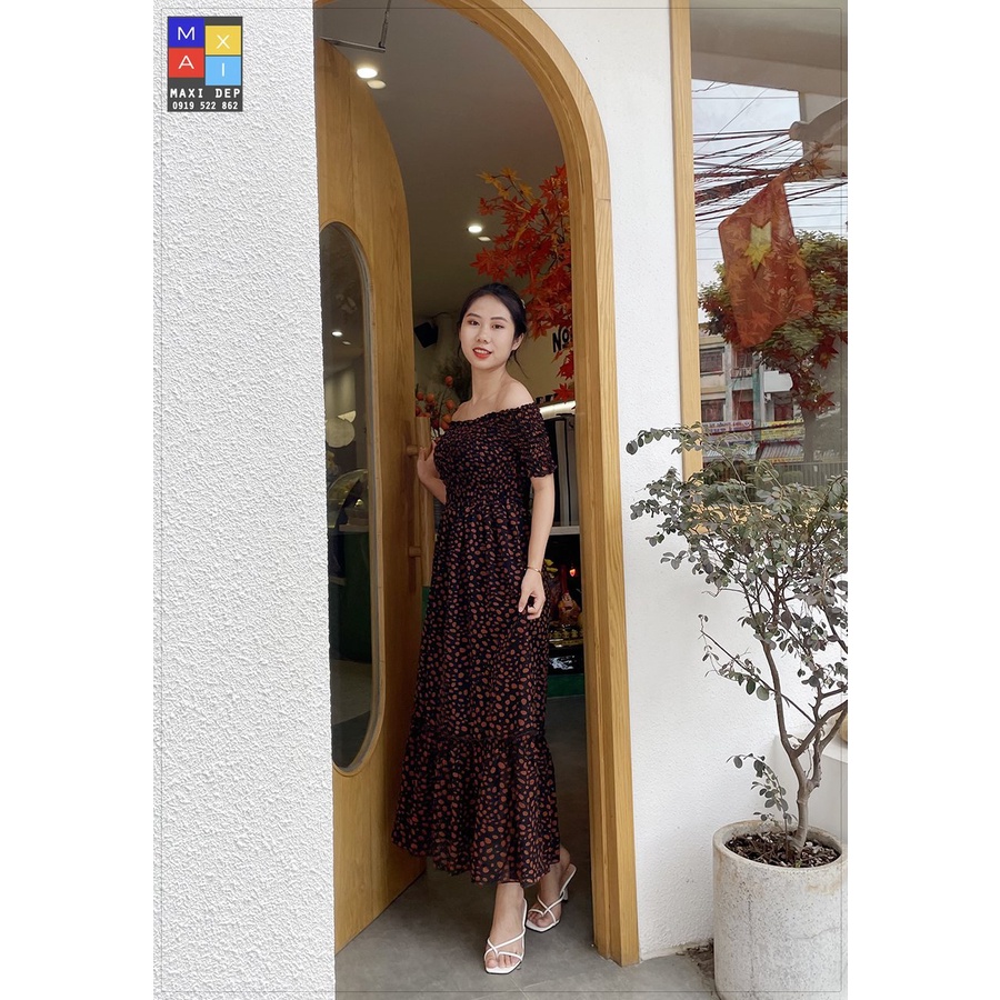 Đầm Trễ Vai Maxi Hoa Đa Sắc Và Chấm Bi Cam Freesize Dưới 55kg
