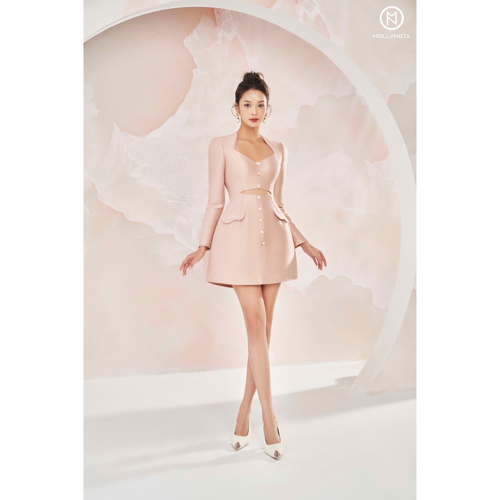 MOLLYNISTA - Đầm tay dài khoét eo nút ngọc quyến rũ nữ tính thiết kế cao cấp đi chơi đi tiệc gợi cảm