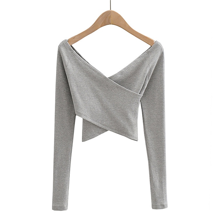 Áo trễ vai croptop ôm dáng cho nữ - áo croptop tay dài đắp chéo chất thun gân tăm dày mịn A019