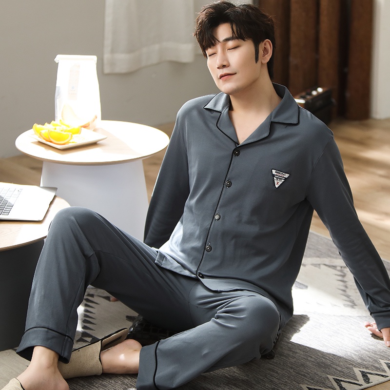 2258 -  Bộ Pijama dài tay nam cao cấp tông xám trơn màu, mặc gọn dáng, nam tính, vải cotton 100% size L-3XL