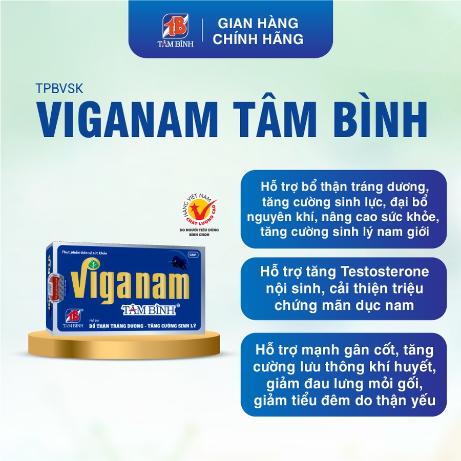 [Combo 6 tặng 1] Viganam Tâm Bình - Hỗ trợ tăng cường sinh lý nam, tăng testosterone, sức khỏe nam giới, giảm tiểu đêm