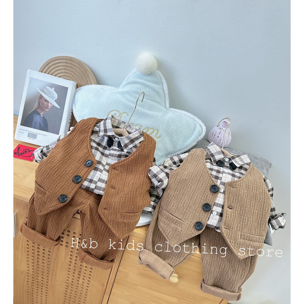 Bộ vest 3 chi tiết kèm nơ cho bé trai từ 8-18kg diện Lễ, Tết- Bộ vest nhung bé trai- Bộ gile bé trai Kidbabyonline K167