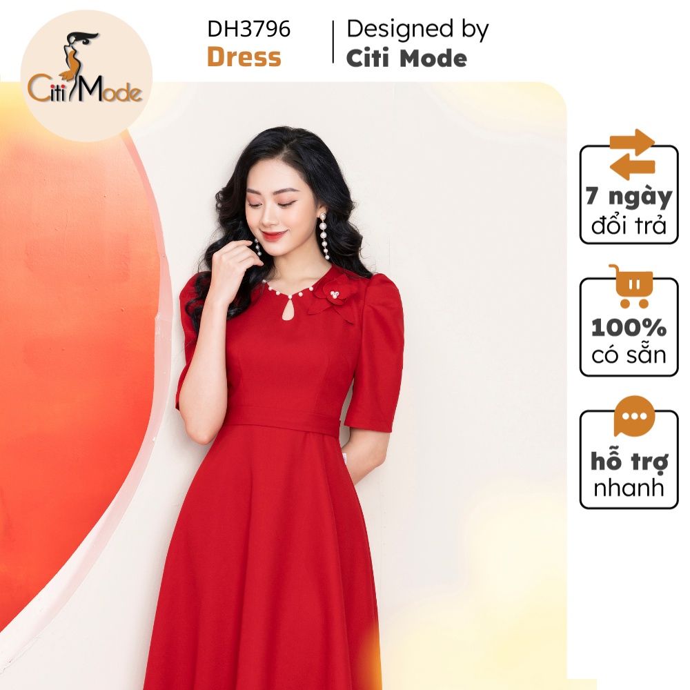 Đầm công sở CITI MODE FASHION thiết kế dáng xoè đỏ cổ giọt lệ đính hoa DH3796
