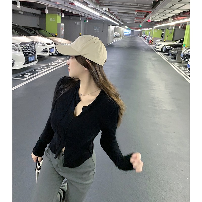 Áo thun nữ ZHELIHANGFEI tay dài cổ chữ v màu sắc đơn giản