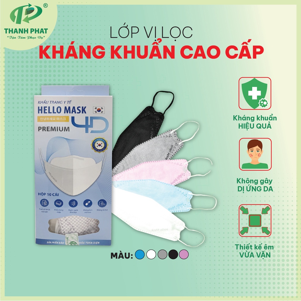 Khẩu Trang 4D THANH PHAT Kháng Khuẩn Cao Cấp Hello Mask Hộp 10 Cái
