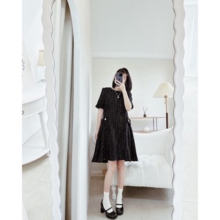 Váy dạ tweed đai eo dáng xoè