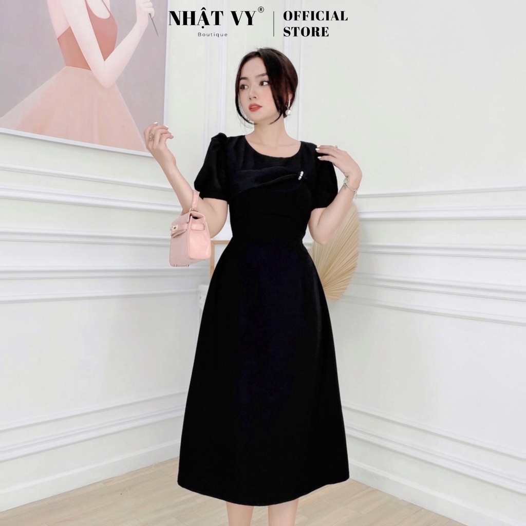 Váy Dự Tiệc NHẬT VY Cổ Tròn Phối Xốp Nhún Ngực Tay Phồng Phù Hợp Công Sở, Đi Chơi Chất Cotton Màu Xanh, Đỏ, Đen - D2425