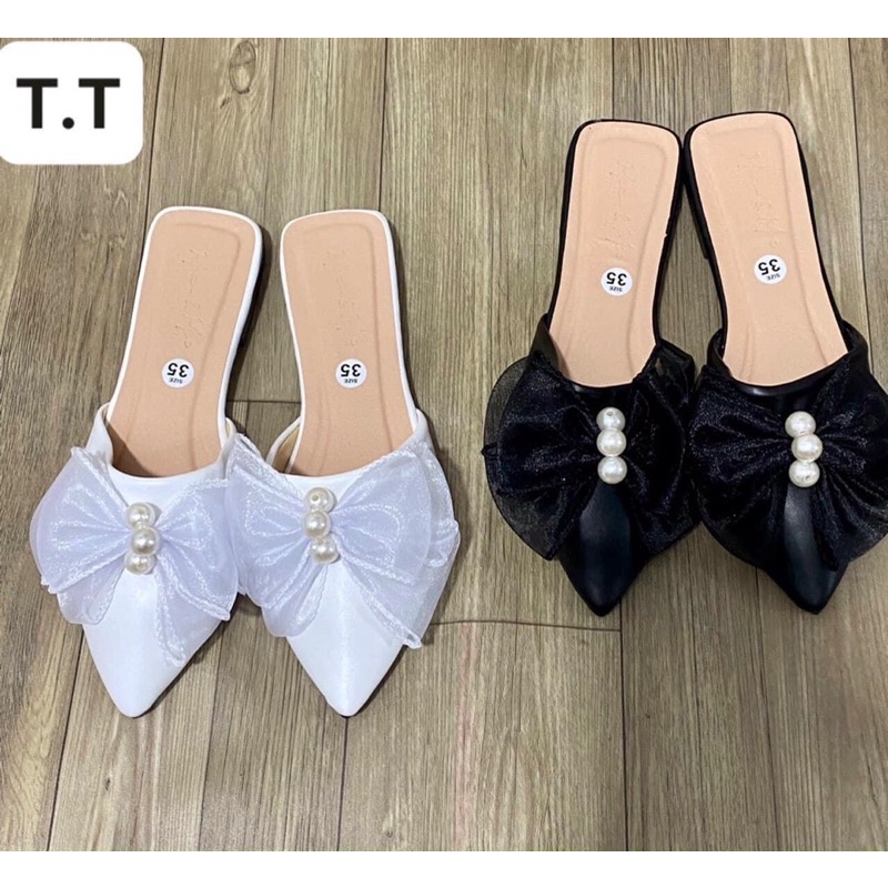 Giày Dép Sục Bệt Đính Nơ Ngọc Mũi Ngọn Cao 3 Phân Nữ