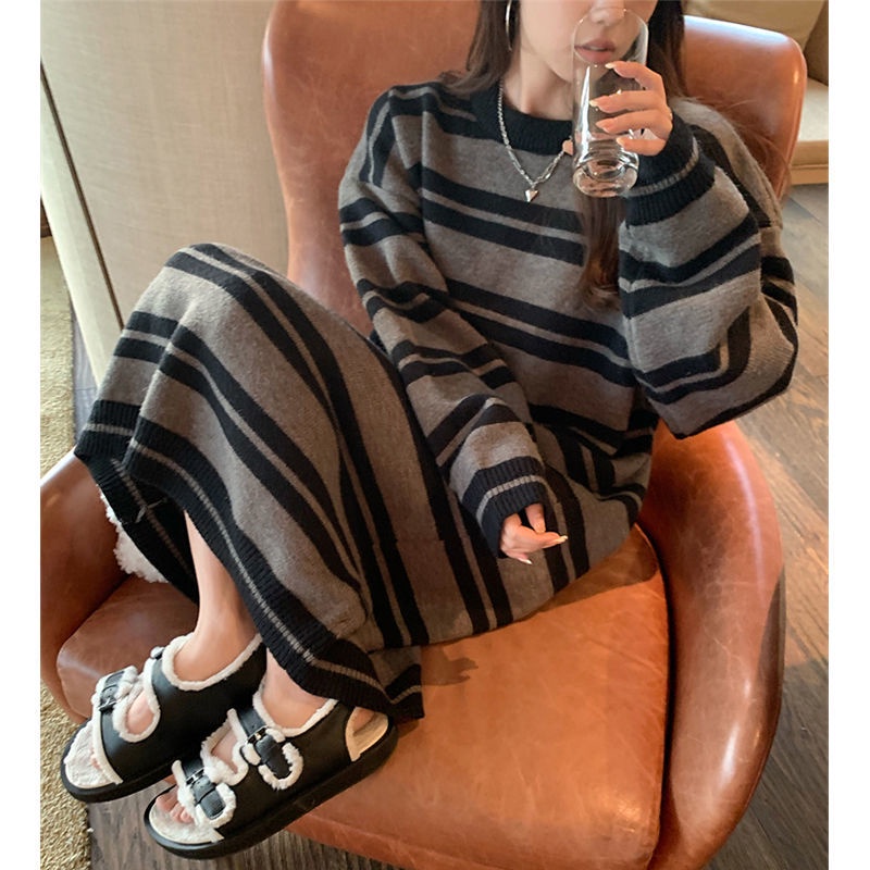 IELGYĐầm Dệt Kim Dáng Rộng Cỡ Lớn Họa Tiết Kẻ Sọc Trắng Đen Thời Trang Cho Nữ