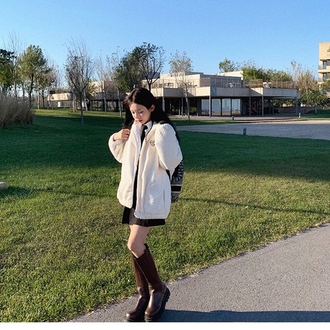 ZHELIHANGFEI Áo khoác kiểu Hàn Quốc cổ áo dài tay kiểu dáng rộng phong cách trường đại học ngọt ngào