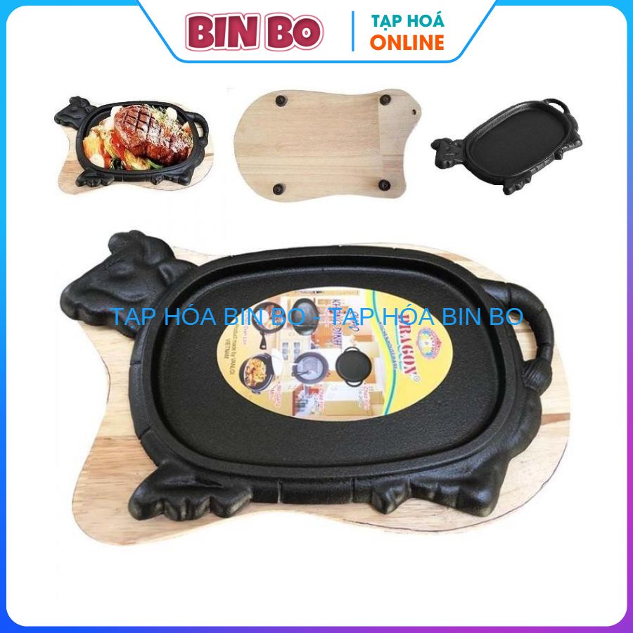Chảo bò bít tết bằng gang chống dính kèm để gỗ Vạn Lợi Dragon chảo bò né nhiều kích cỡ