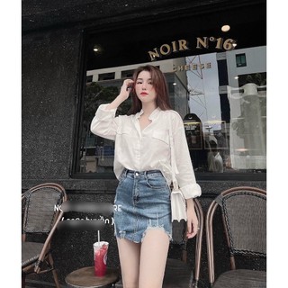Chân váy jean chữ a có túi phối rách xinh xinh lyie