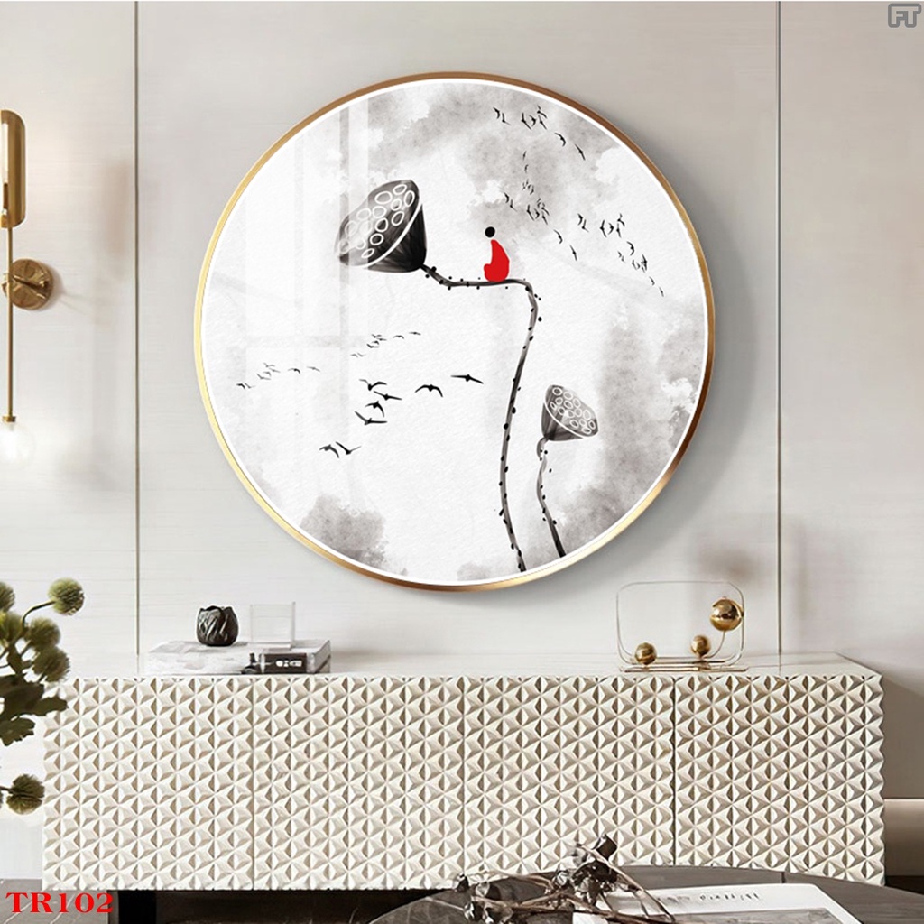 Tranh 3d Bán Nguyệt Tranh tròn Treo Tường Tranh Tròn Tráng Gương cao cấp- Hoa Sen Cá Chép Tao Nhã - Decor Phòng Khách