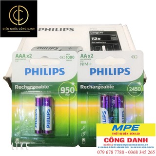 Vỉ 2 viên pin sạc aaa 950mah, aa 2450mah philips r6b2a245, r03b2a95 chính hãng