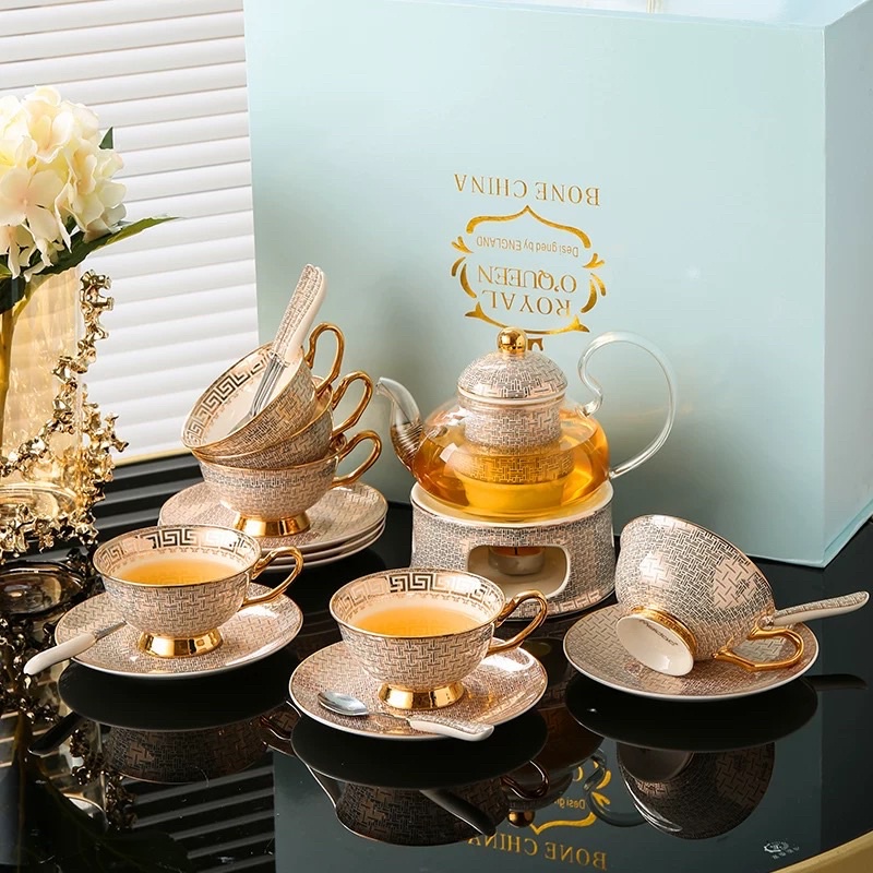 Bộ ấm chén, set trà đen vàng có đế bếp,chất liệu sứ xương cao cấp, có hộp, sang trọng, đăng cấp hoàng gia