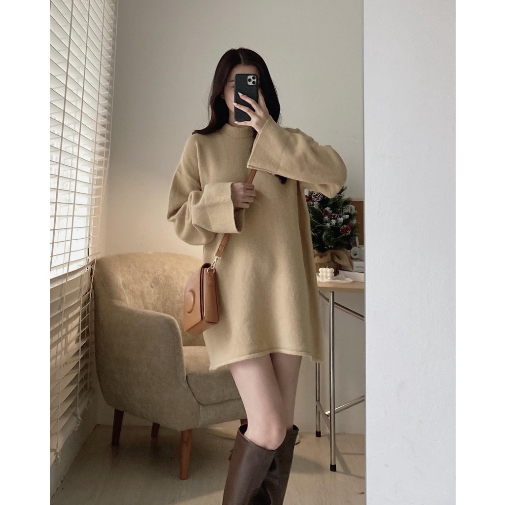 Áo len dáng dài cổ tròn len mịn tay loe basic ulzzang - Made by Fiin