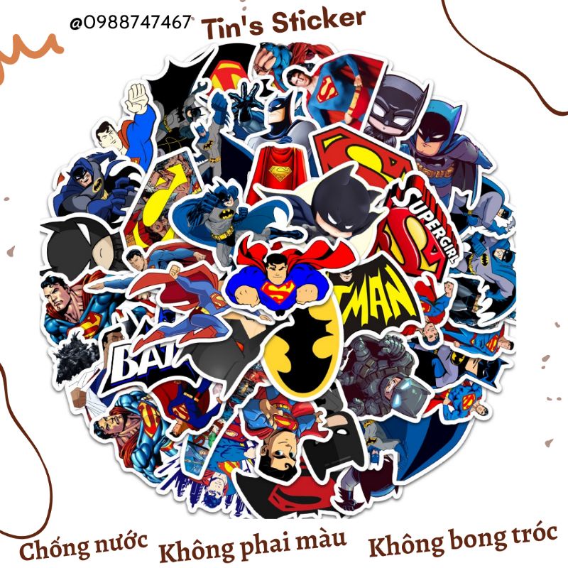 Set combo 45 miếng dán sticker siêu anh hùng Superman và Batman dán nón mũ bảo hiểm laptop vali sổ sách đàn guitar