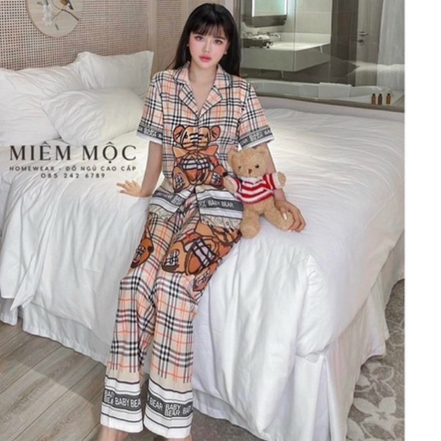 pijama lụa xước quảng châu cao cấp mulisi tay ngắn gấu nơ to