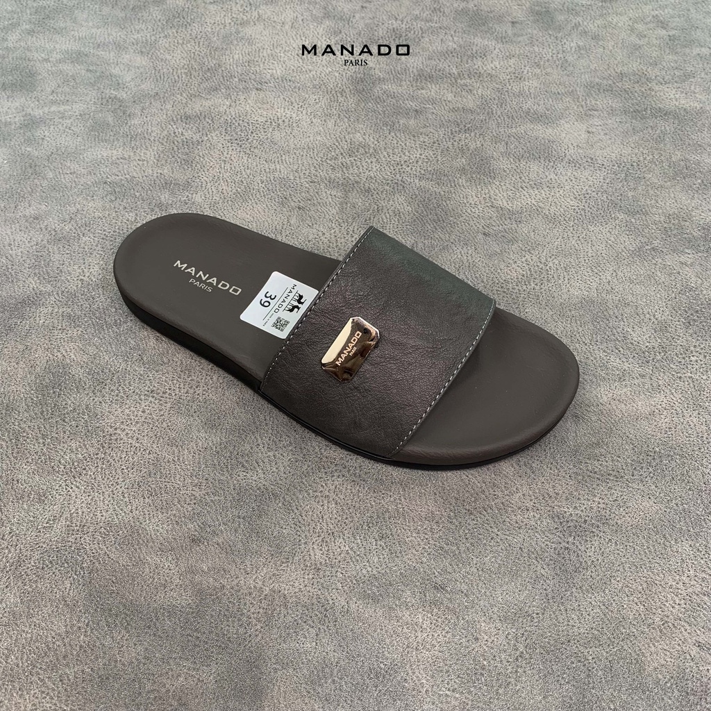 Dép da nam quai ngang cao cấp Manado Mã MND02 màu xám fullbox, quai da mềm mại, đế cao su thiết kế chắc chắn