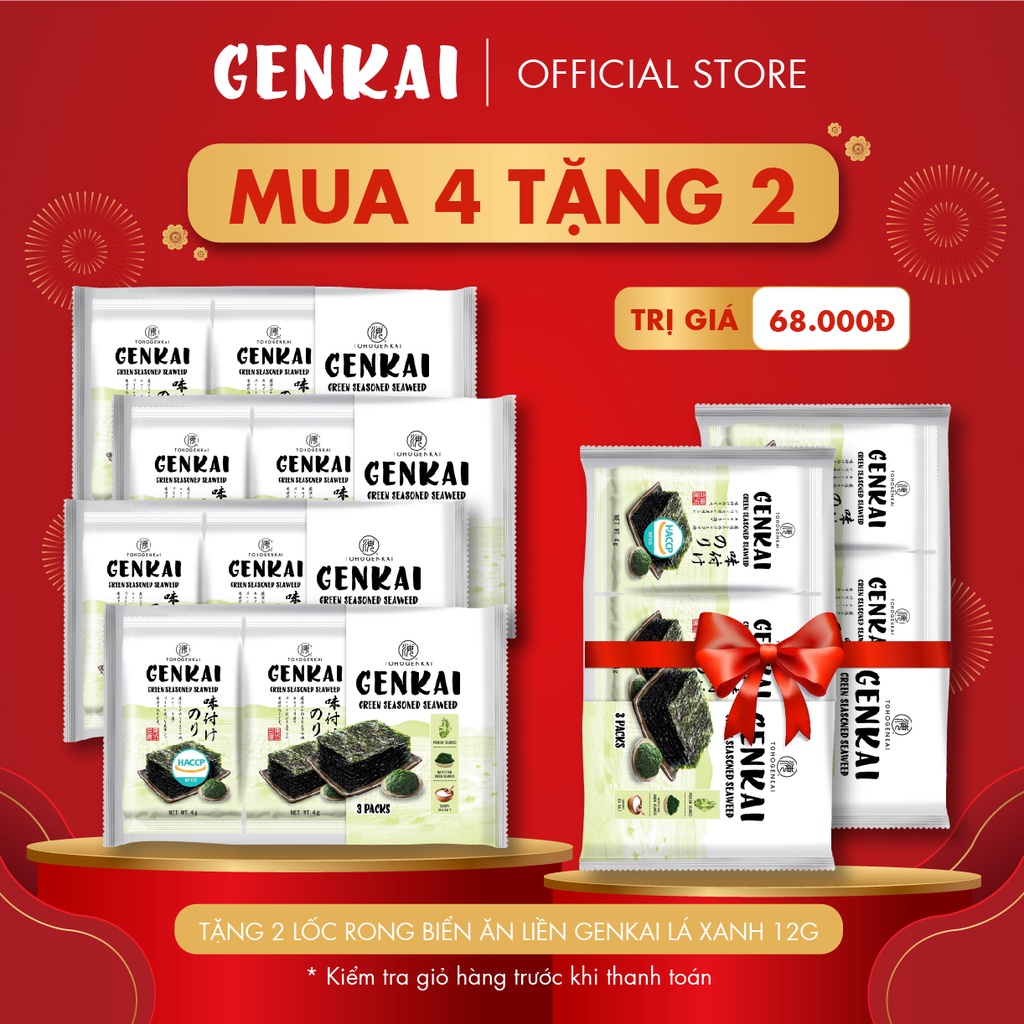 [MUA 4 TẶNG 2] Combo 4 Lốc Rong Biển Ăn Liền GENKAI Lá Xanh 12g (4g x 3 gói)