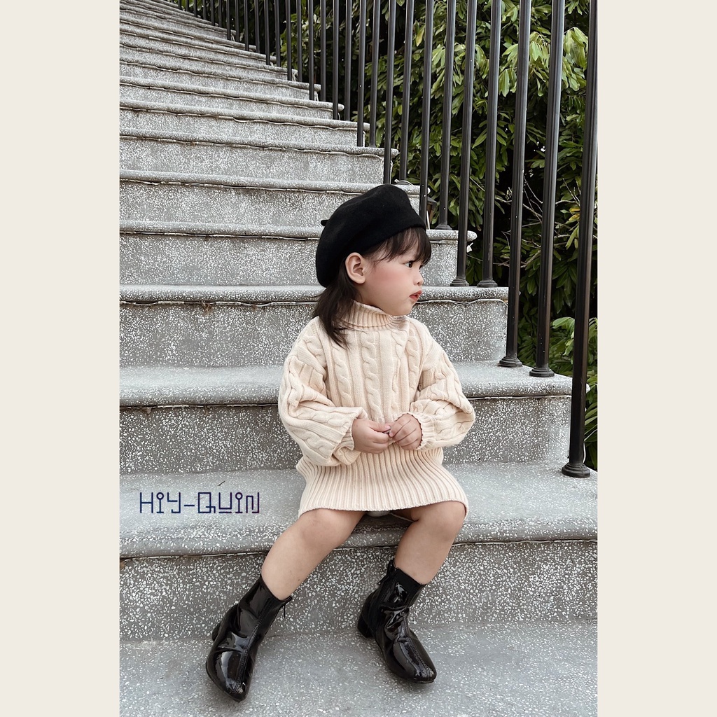[HÀNG CAO CẤP] Set váy 2 dây bé gái kèm áo len cổ lọ họa tiết kẻ Caro/Vặn thừng sang chảnh