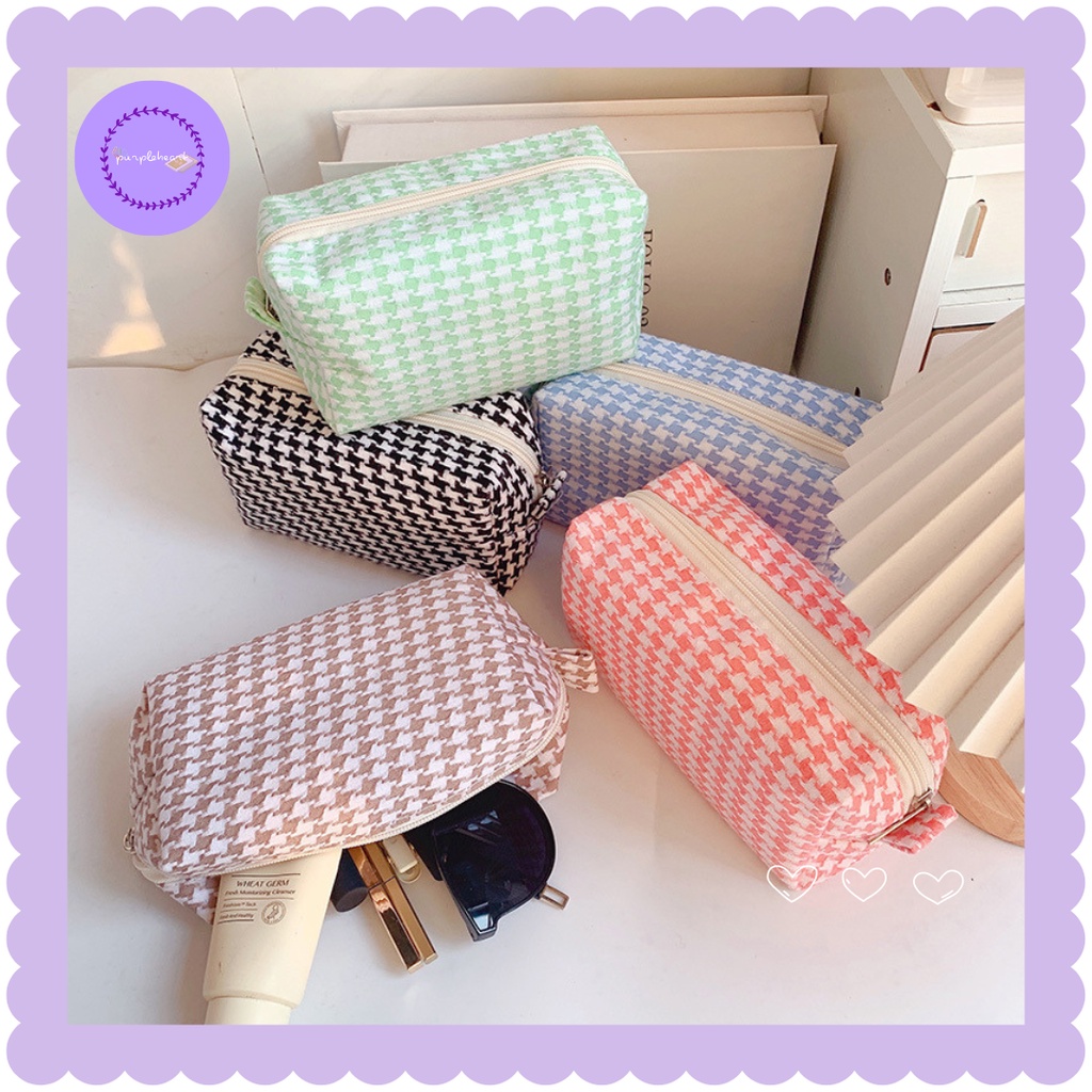 Bóp viết / túi đựng đồ trang điểm caro màu sắc pastel tươi mát