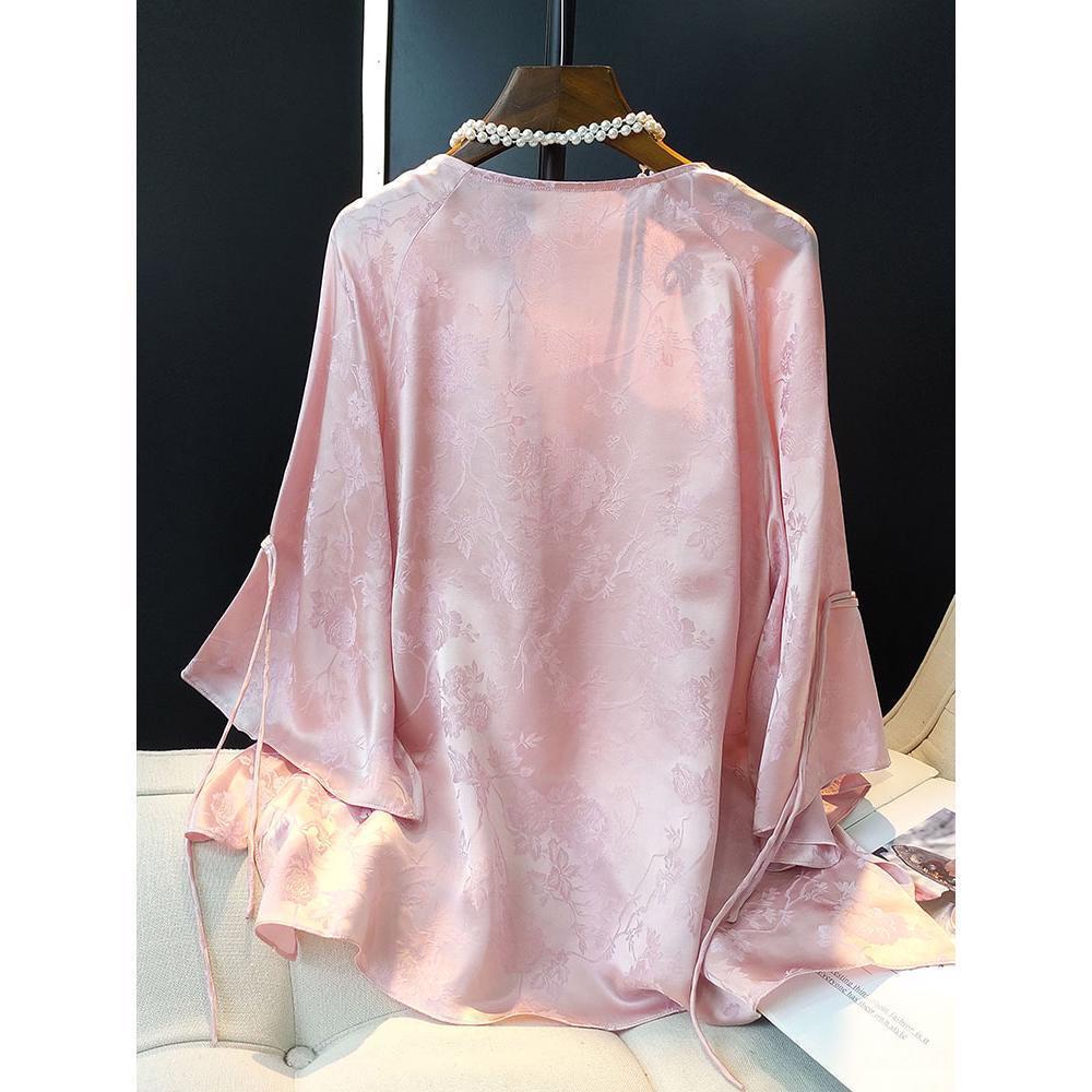Women Pink Chinese Style Buttoned Round Neck Imitation Silk Shirt