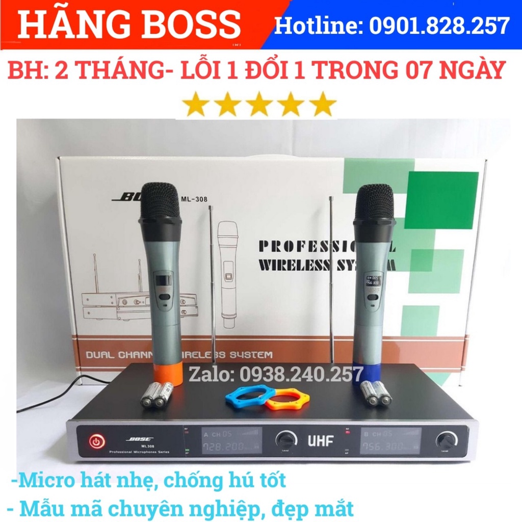 Bộ 02 micro không dây BOSS ML308 hát nhẹ chống hú tốt - boss ML-308 - micro không dây - micro boss