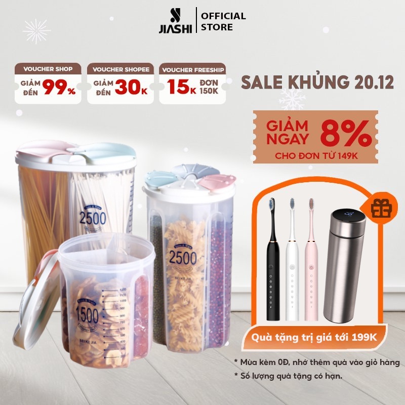 Hộp bảo quản thực phẩm JIASHI trong suốt 1500/2500/3000ml nhựa PP nhiều ngăn đựng mì ý, gia vị, đồ khô, ngũ cốc, HBQ03