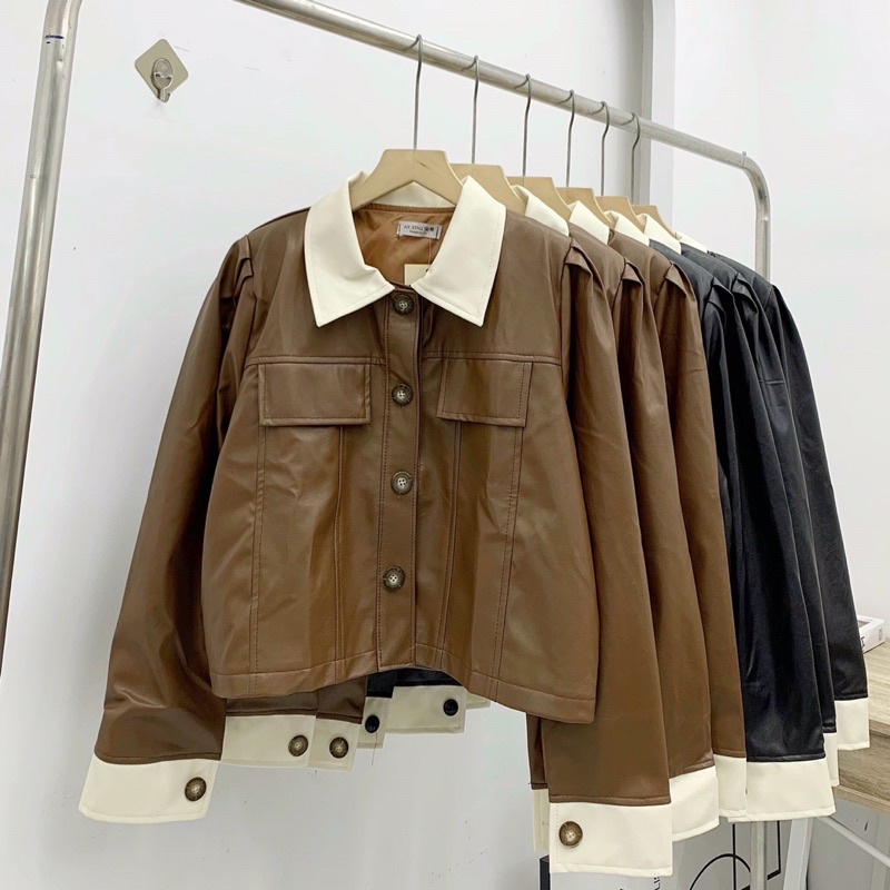 ÁO KHOÁC DA PHỐI MÀU DÁNG NGẮN AKDTHP