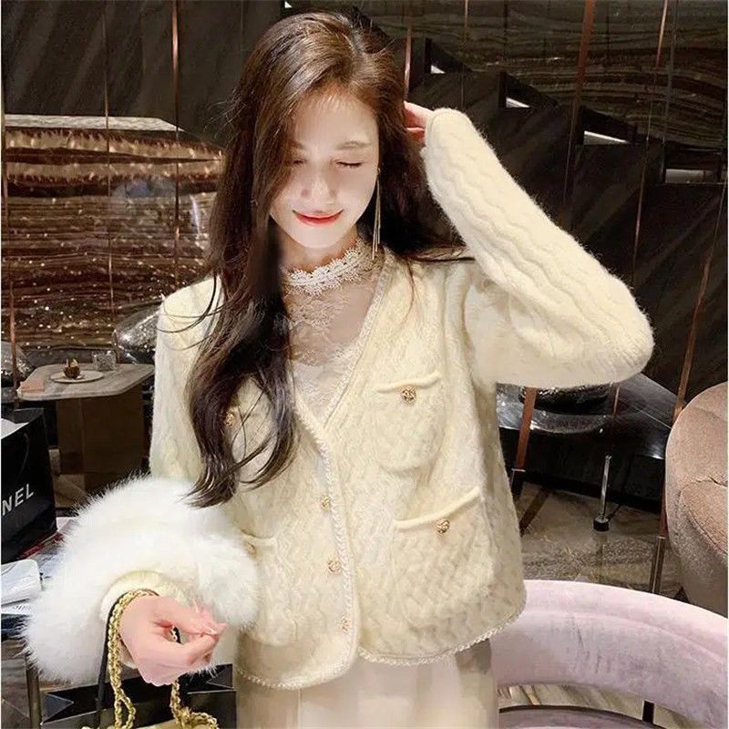 áo len nữ croptop form rộng tăm cộc tay trễ vai mỏng cổ lọ áo khoác carigan thom browne local brand ngắn tay dày hàn quốc cổ v tay bồng Áo Khoác Cardigan Dệt Kim Tay Dài Màu Sắc Tương Phản Thời Trang Mùa Thu 2022 Cho Nữ