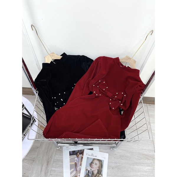 [ 𝐅𝐑𝐄𝐄 𝐒𝐇𝐈𝐏 ] Váy nhung cổ 3p tay bồng về hàng siêu đẹp Nơ đính hạt ngọc sịn sò Hàng may kỹ