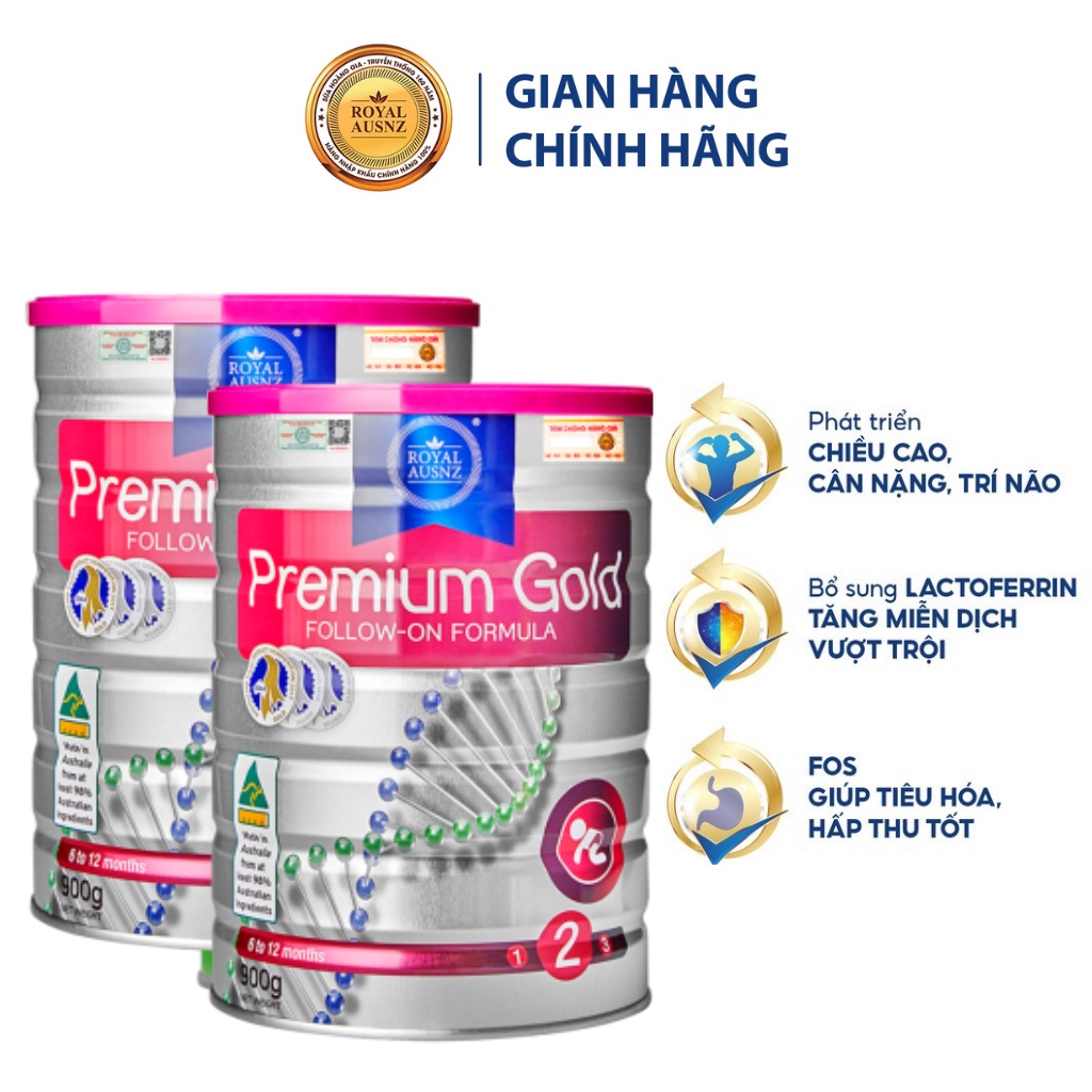 [Combo 2 Sữa Tặng Quà] Sữa Bột Hoàng Gia Úc Premium Gold Số 2 Bổ Sung Vitamin, Khoáng Chất Cho Trẻ Royal AUSNZ 900g