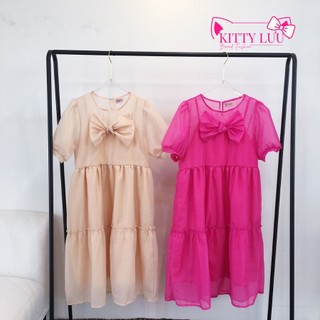 Đầm váy nữ voan tay phồng dáng xòe đính nơ phong cách tiểu thư