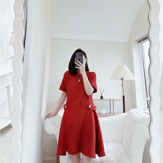 Váy dạ tweed đai eo dáng xoè