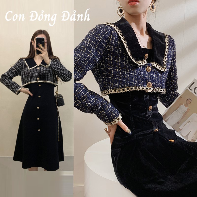 Set Áo Khoác Dạ Dáng Lửng + Váy Nhung Đen Cộc Tay VD004 CON ĐỎNG ĐẢNH
