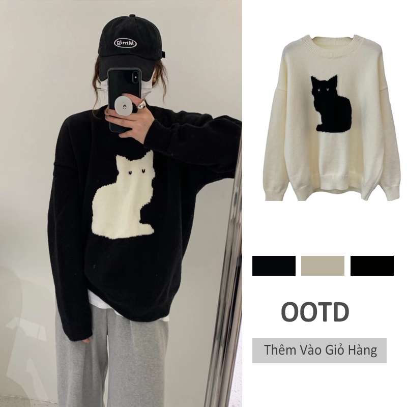 DIDIKA Áo len Áo Sweater Cổ Tròn Họa Tiết Mèo Thời Trang Mùa Thu Mới