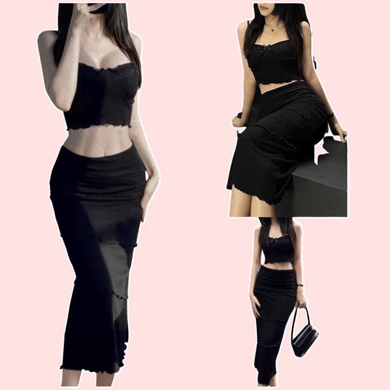 Set váy len nữ ôm body, set chân váy dài và áo 2 dây gợi cảm, tôn dáng hàng 2 lớp HÀNG SẴN Set 2 dây croptop body sexy
