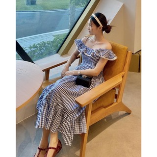 𝐉𝐨𝐥𝐢𝐞 𝐃𝐫𝐞𝐬𝐬 - Đầm midi caro xanh cổ bèo