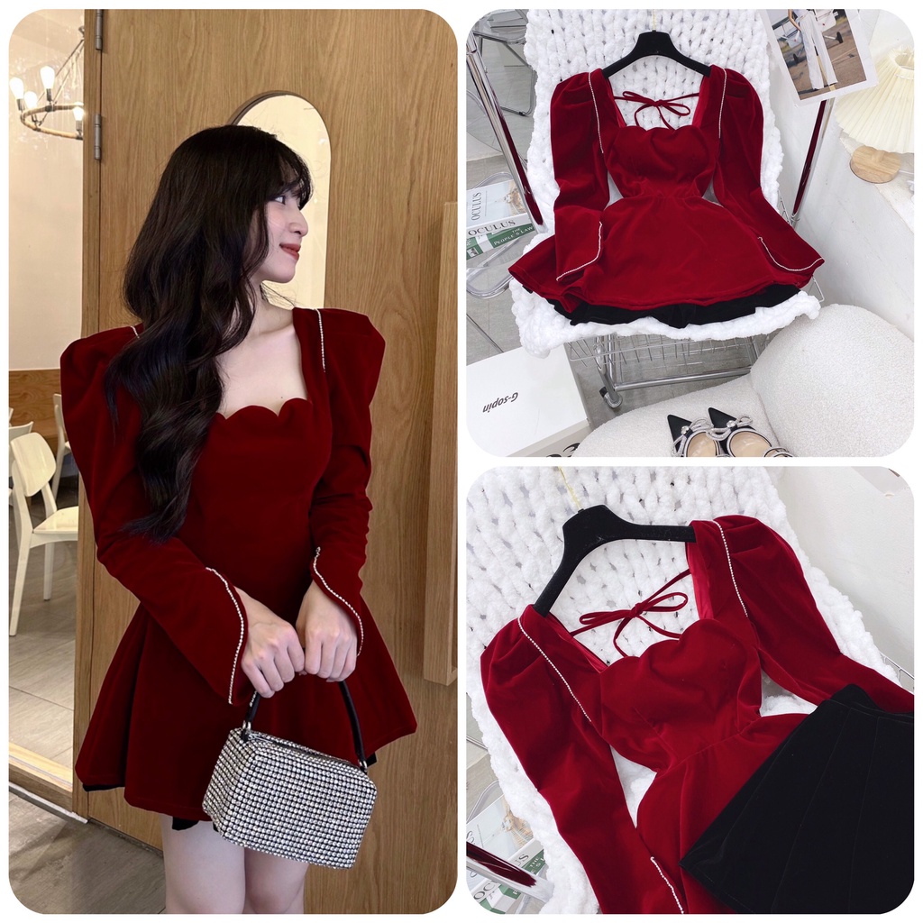 SET ÁO ĐỎ NHUNG CỔ VUÔNG CHÂN VÁY ĐEN XOÈ MINI