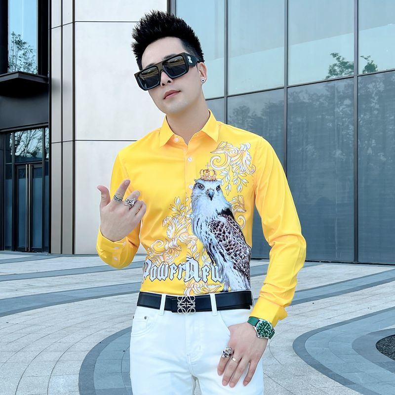 Áo Sơ Mi Nam Dài Tay Dáng Ôm In Họa Tiết Kim Cương Màu Vàng Phong Cách Mới