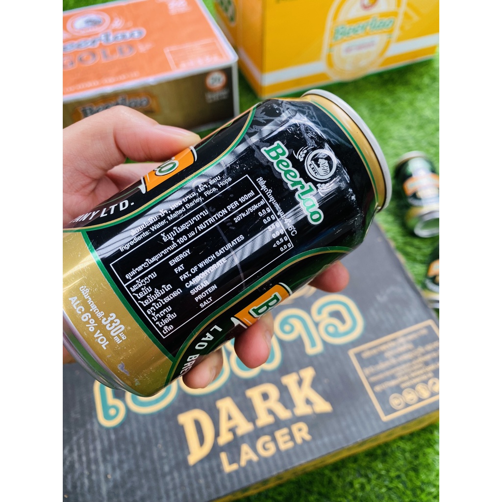 Combo 6 lon bia Lào đen dark lager, 6% uống quên sầu